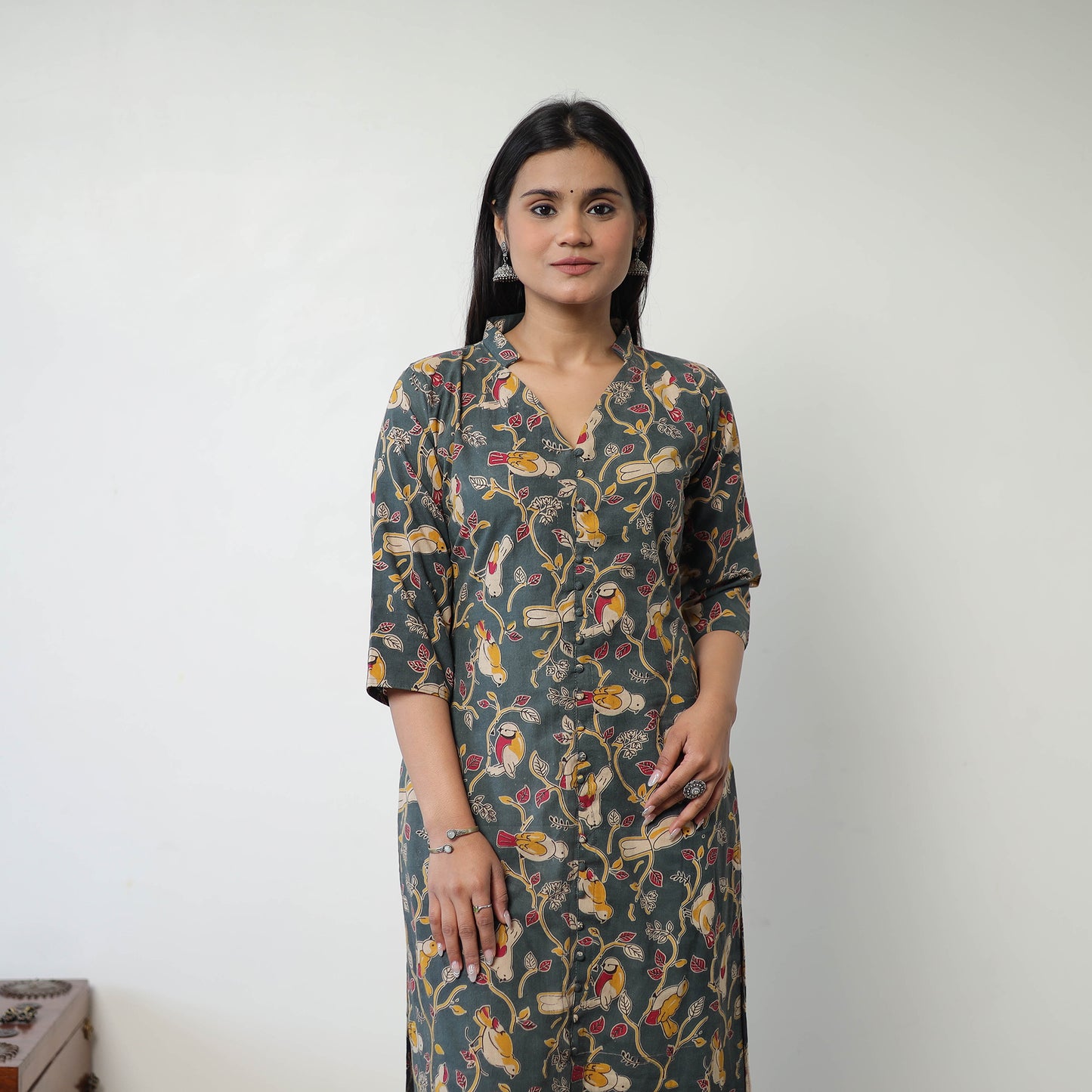 Dark Grey Printed Cotton Straight Kalamkari Kurta For Women