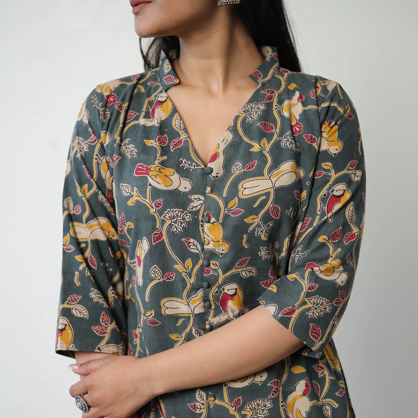 Dark Grey Printed Cotton Straight Kalamkari Kurta For Women