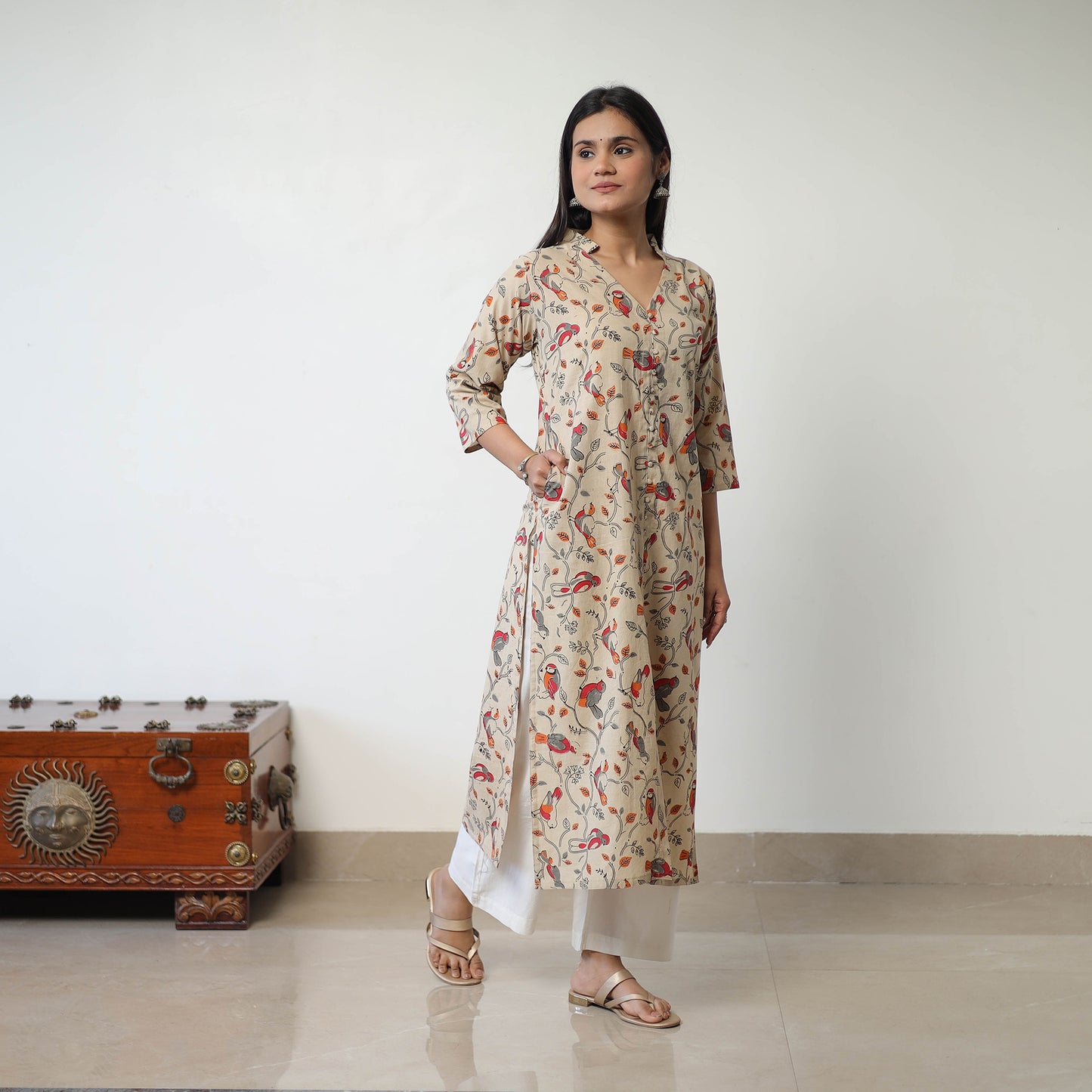Beige - Printed Cotton Straight Kalamkari Kurta 07