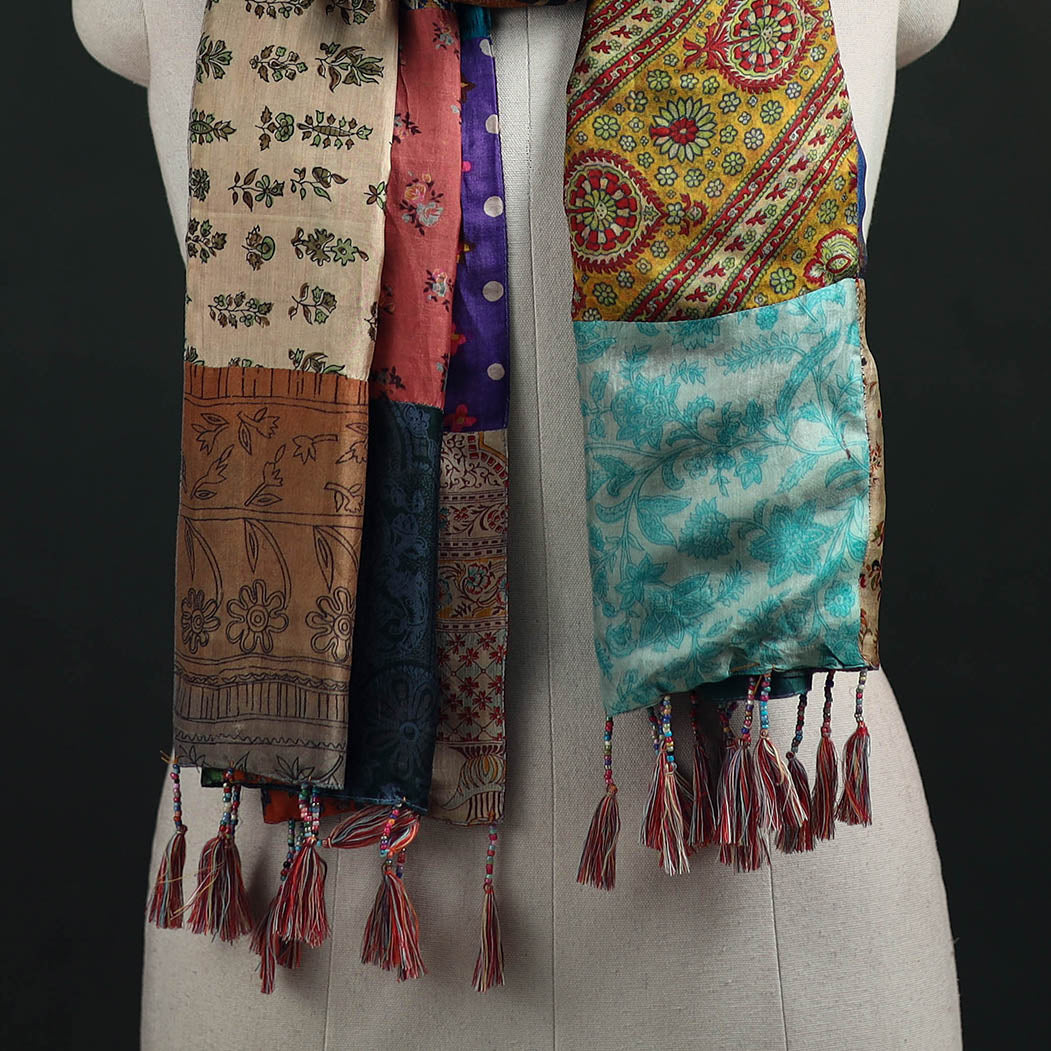 Pure Silk Reversible Patchwork Stole with Tassels 02