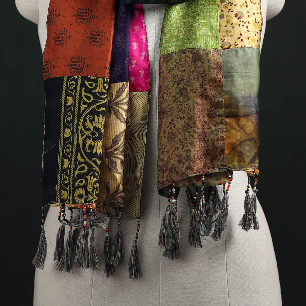 Pure Silk Reversible Patchwork Stole with Tassels 03