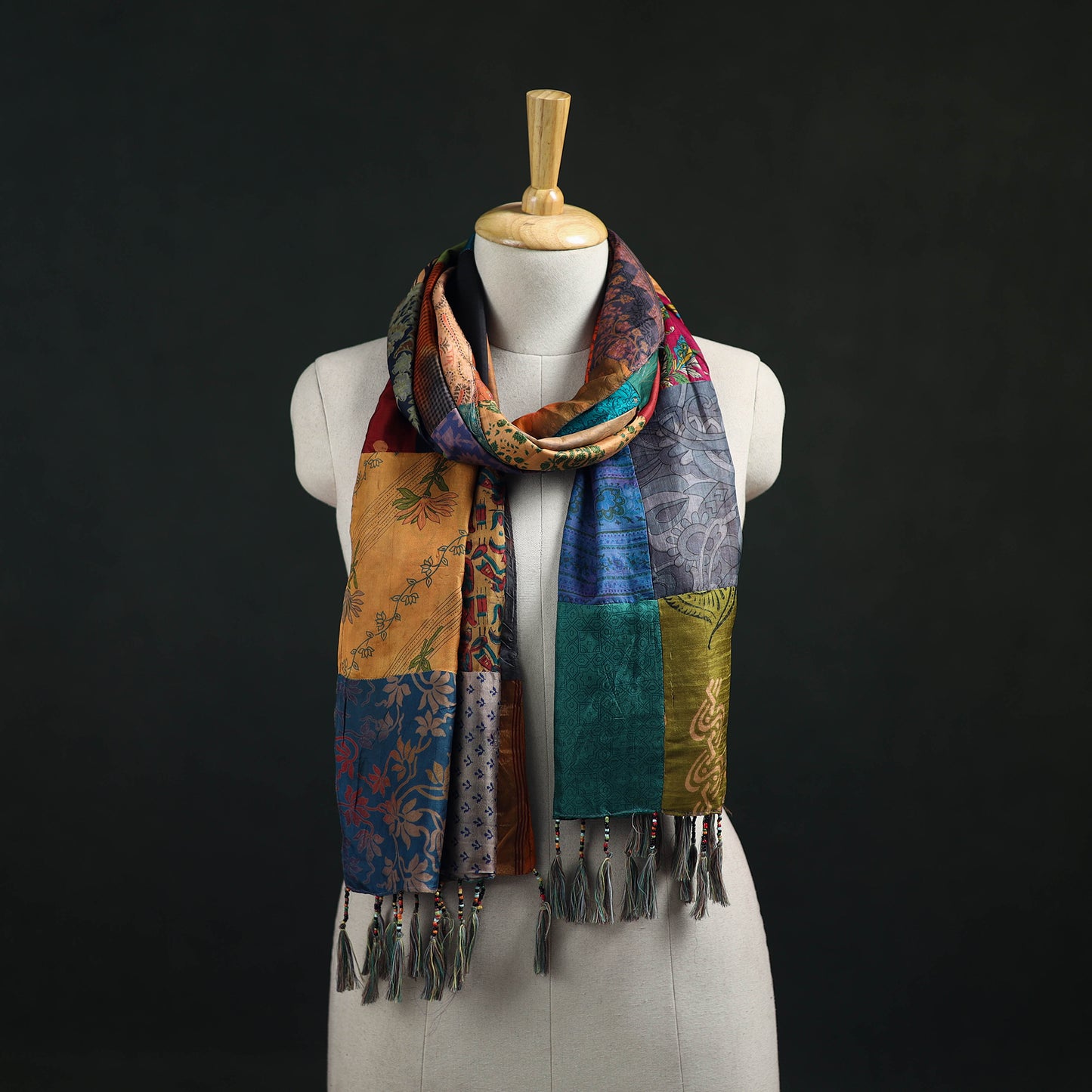 Pure Silk Reversible Patchwork Stole with Tassels 04