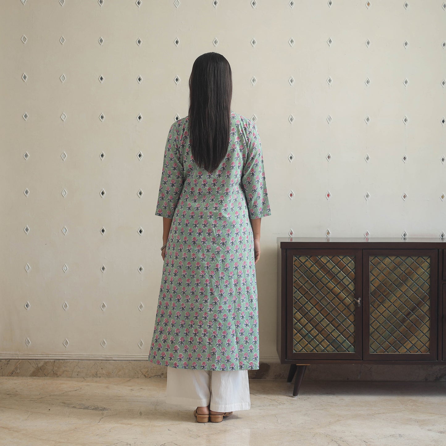 Light Green - Block Print Cotton A-Line Sanganeri Kurta 11