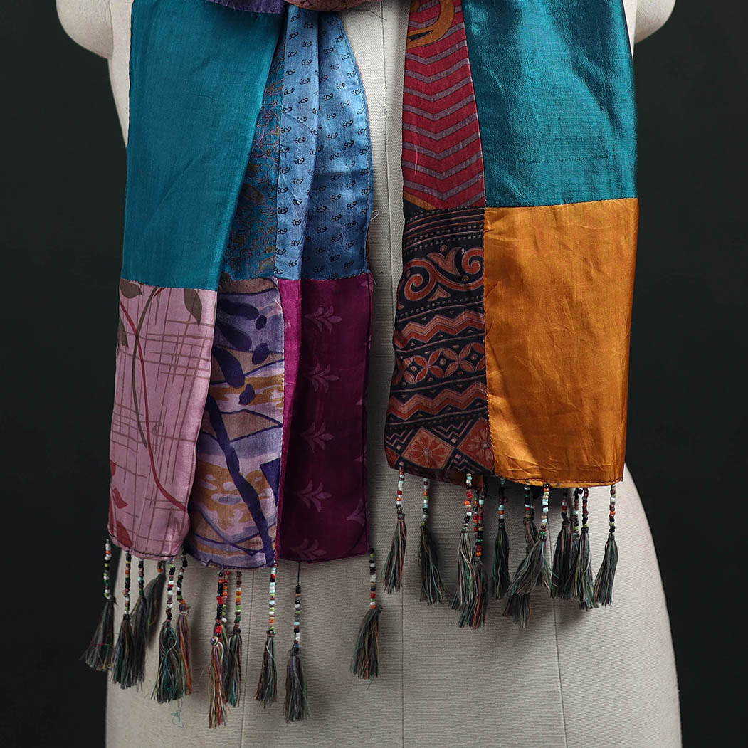 Pure Silk Reversible Patchwork Stole with Tassels 06