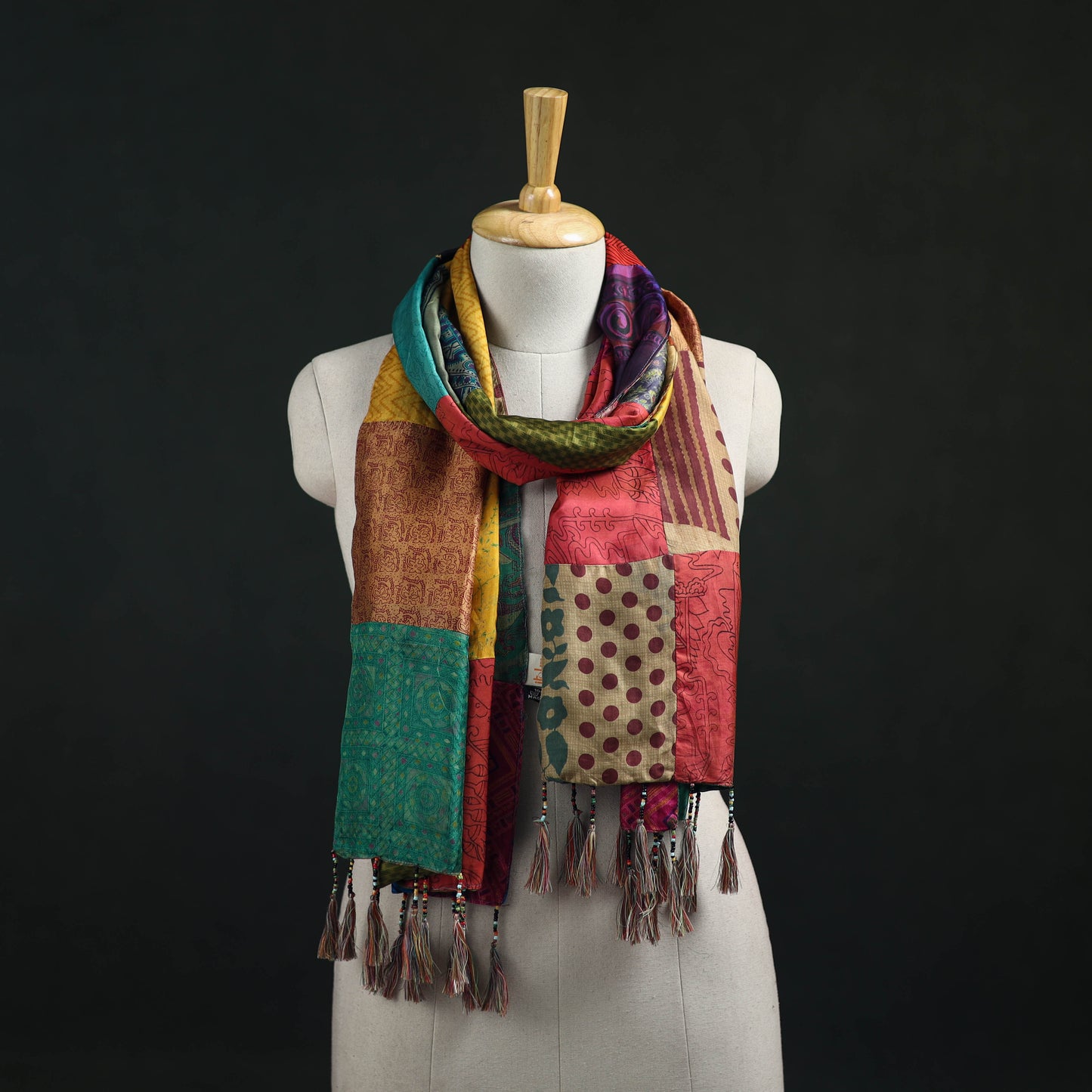 Pure Silk Reversible Patchwork Stole with Tassels 07