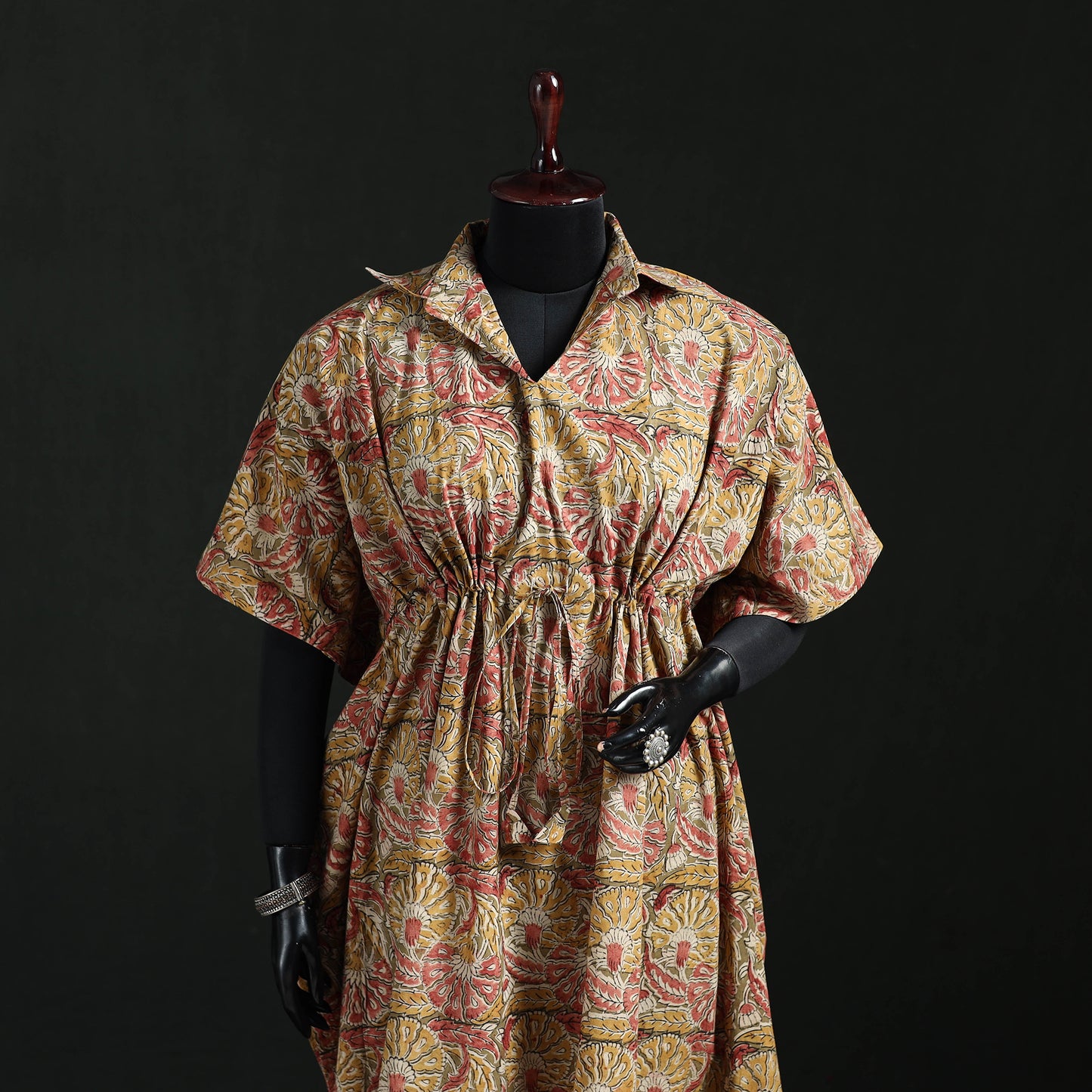Beige - Kalamkari Hand Block Print Natural Dyed Cotton Kaftan (Long) 02
