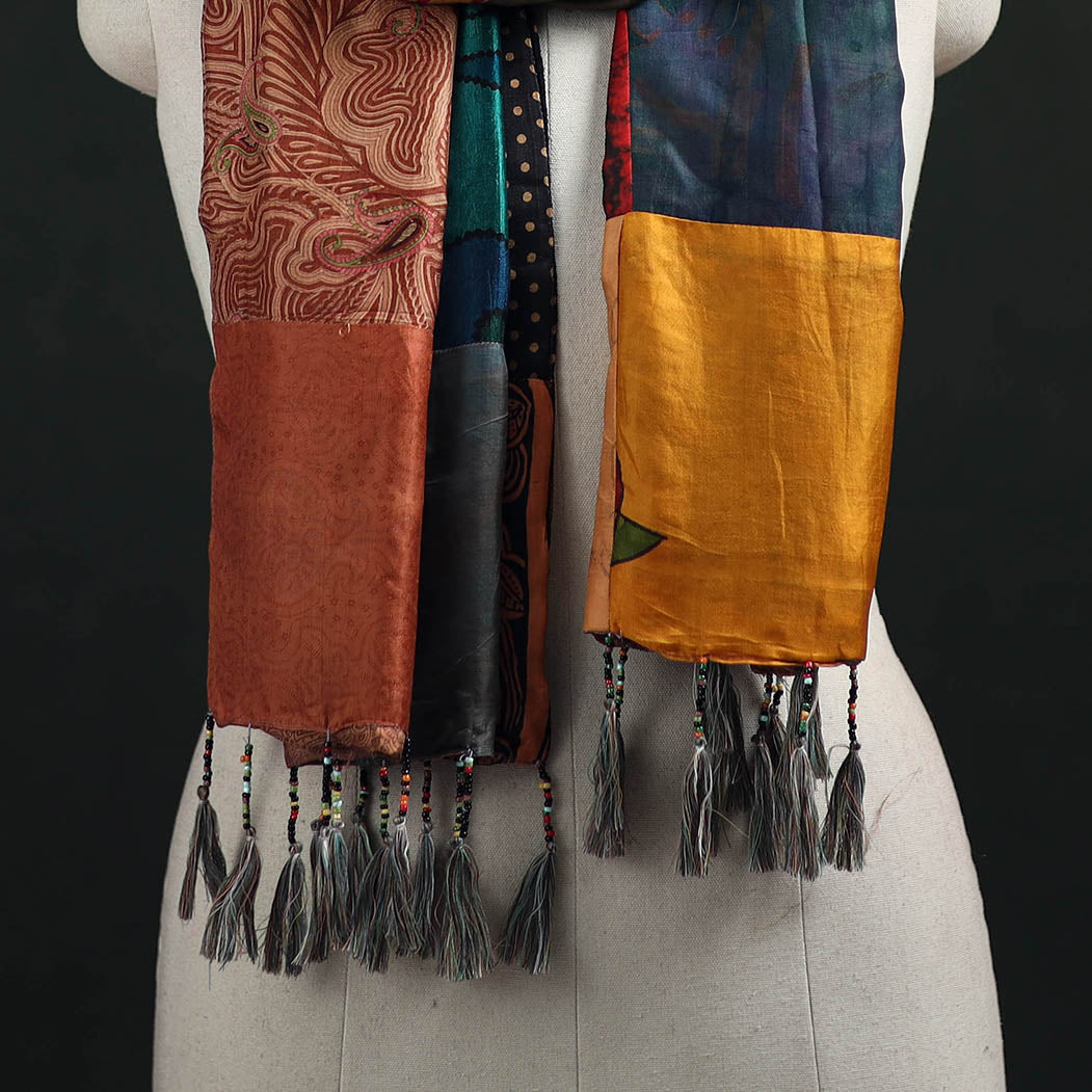 Pure Silk Reversible Patchwork Stole with Tassels 10