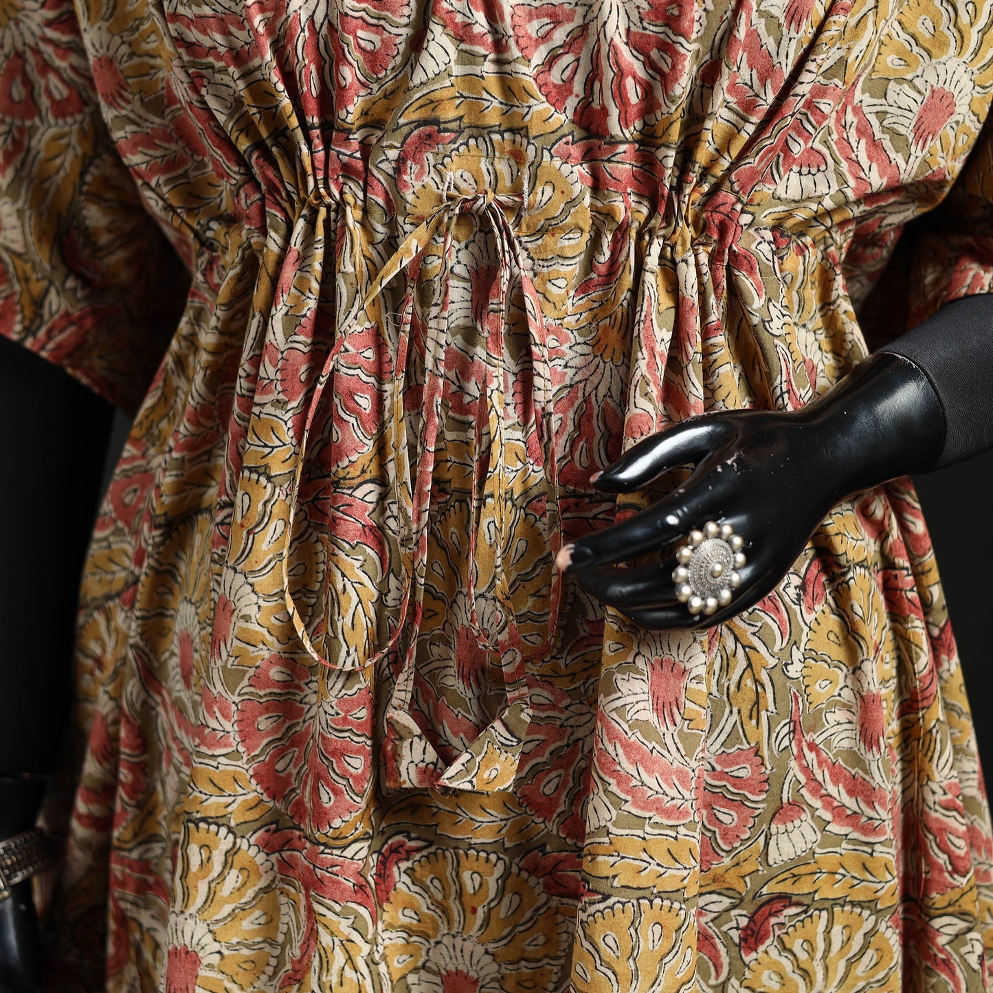 Beige - Kalamkari Hand Block Print Natural Dyed Cotton Kaftan (Long) 02