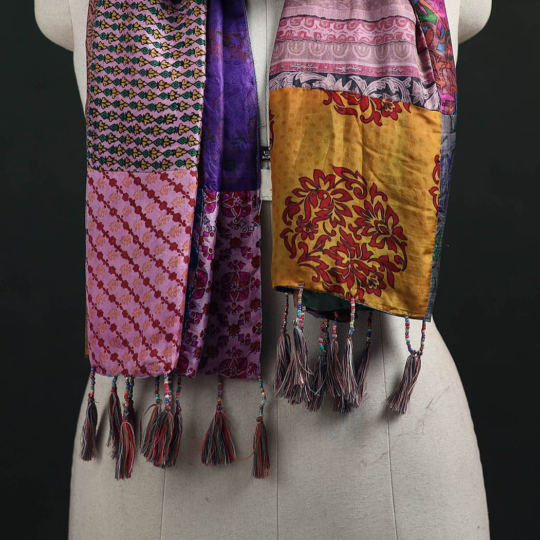 Pure Silk Reversible Patchwork Stole with Tassels 11