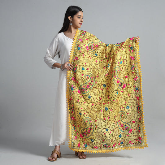 Yellow - Ranihati Chanderi Silk Chapa Work Phulkari Embroidered Dupatta with Pom Pom 56