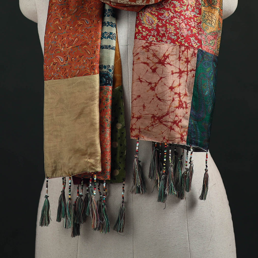 Pure Silk Reversible Patchwork Stole with Tassels 13