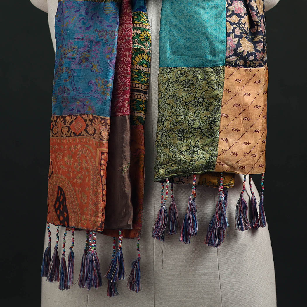 Pure Silk Reversible Patchwork Stole with Tassels 16
