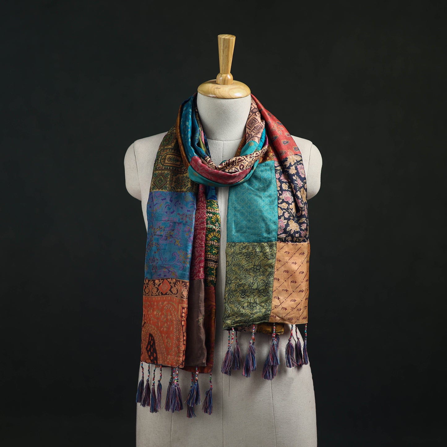 Pure Silk Reversible Patchwork Stole with Tassels 16
