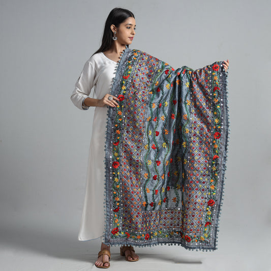 Grey - Ranihati Chanderi Silk Chapa Work Phulkari Embroidered Dupatta with Pom Pom 57