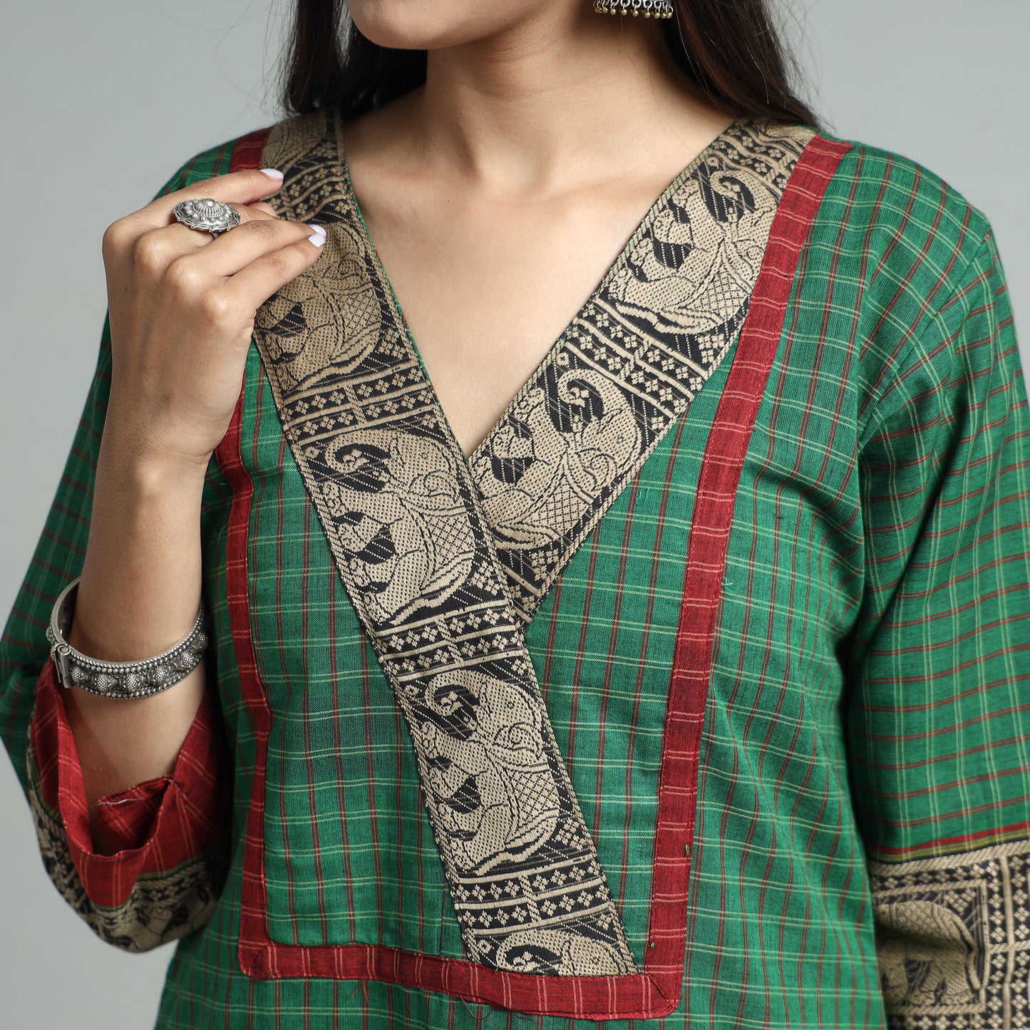 Green - Dharwad Checks Cotton Straight Kurta