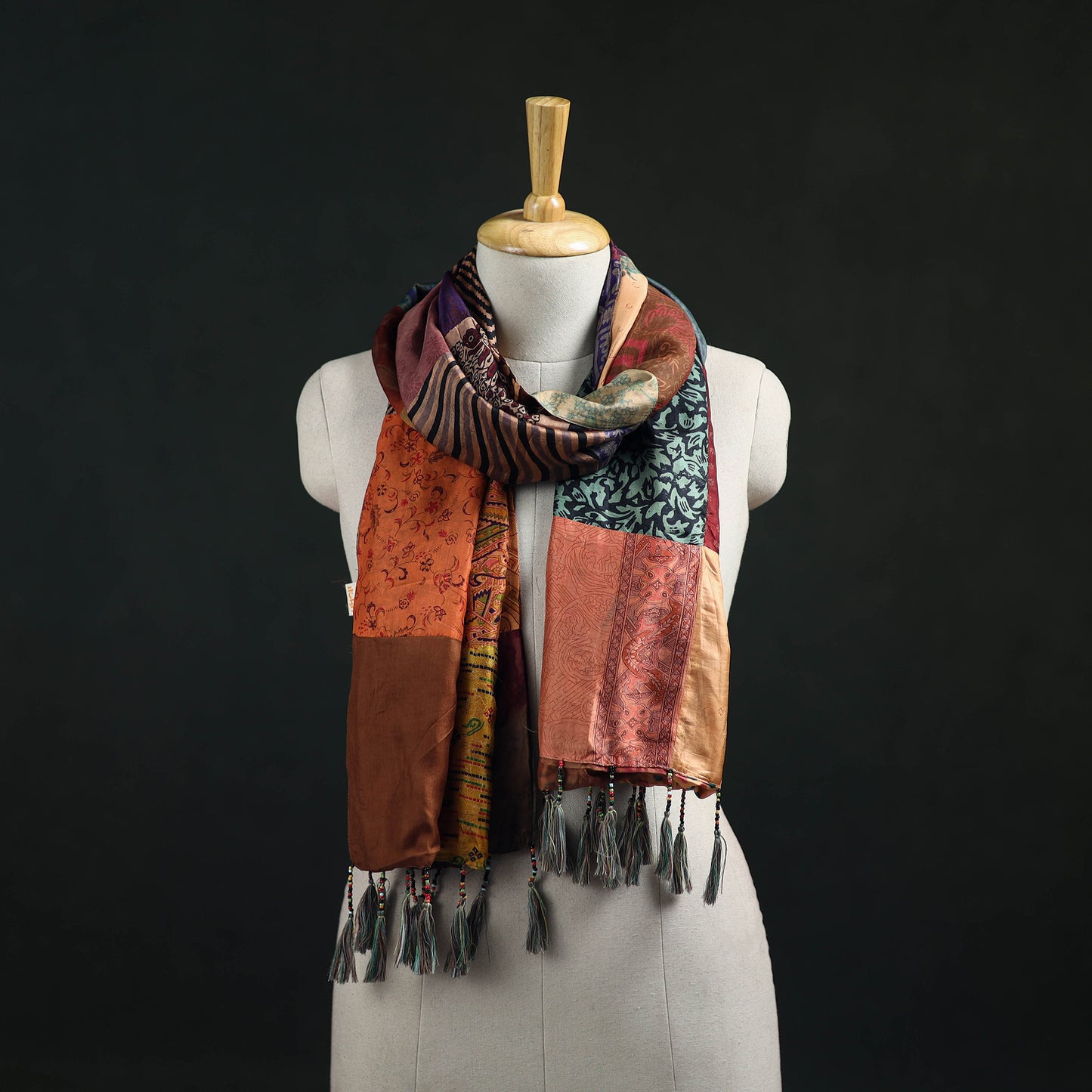 Pure Silk Reversible Patchwork Stole with Tassels 17