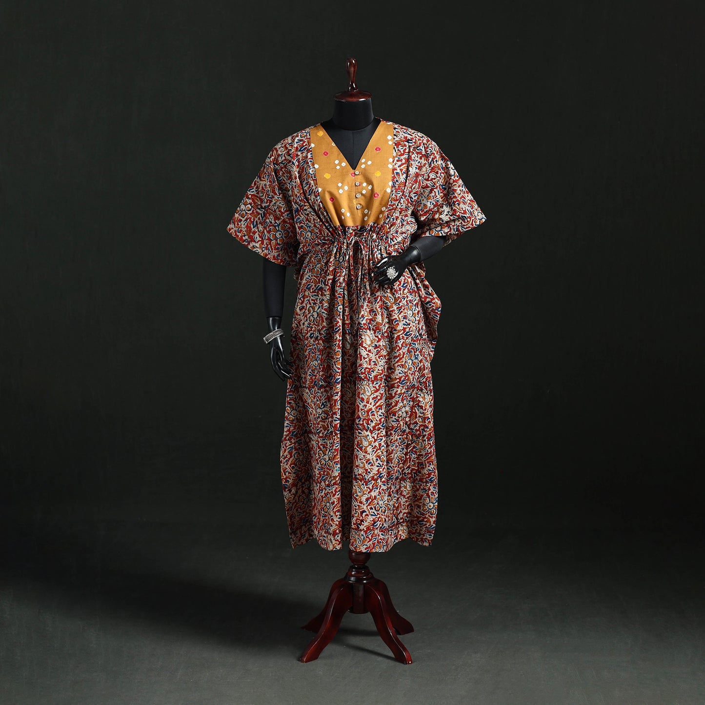 Red - Kalamkari Hand Block Print Natural Dyed Cotton Kaftan (Long) 05