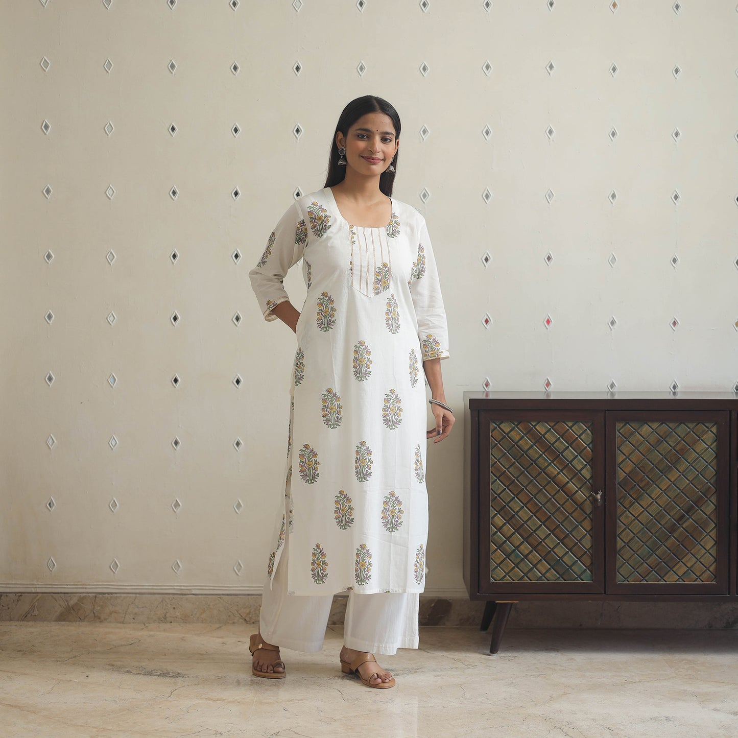 White Block Print Cotton Straight Sanganeri Kurta for Women