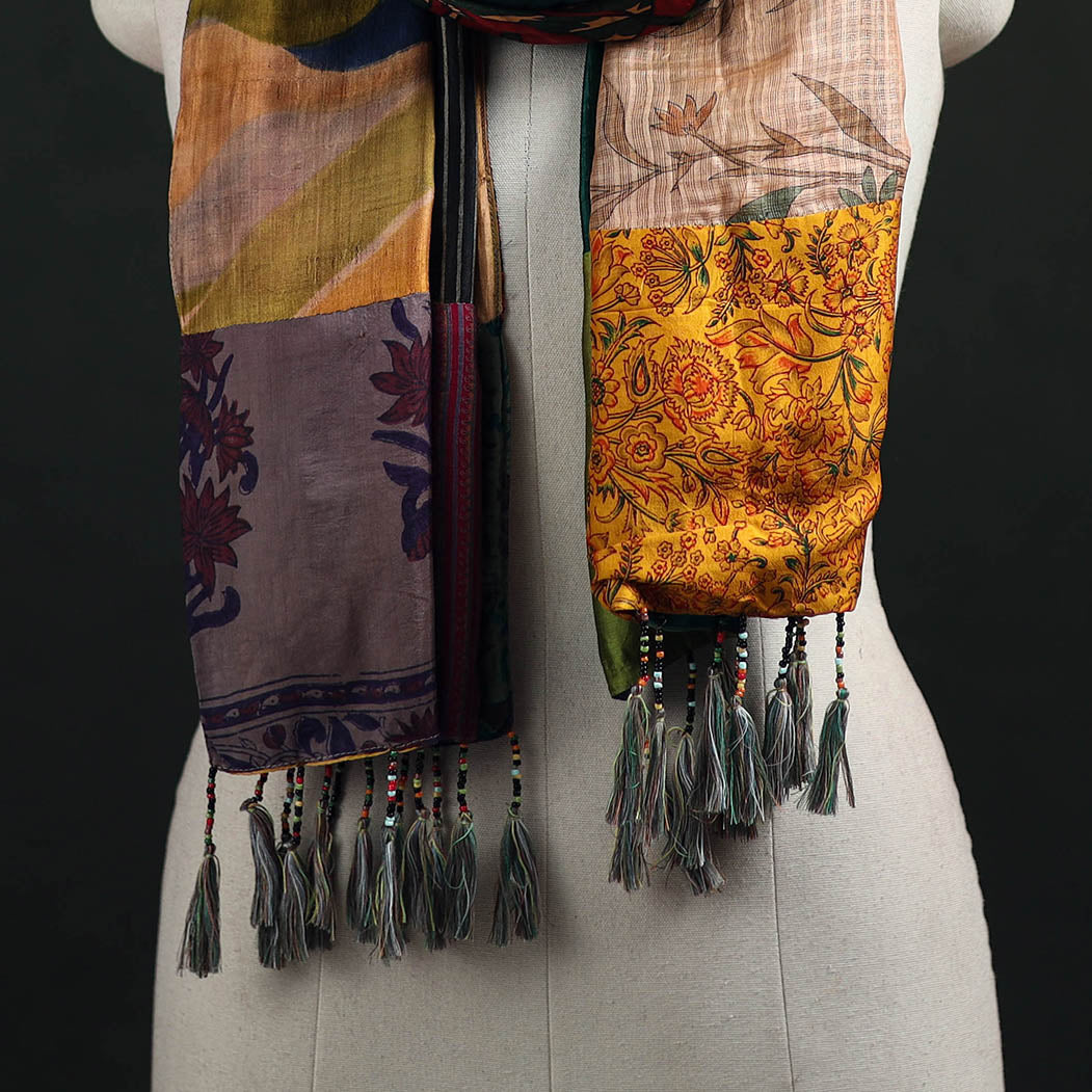 Pure Silk Reversible Patchwork Stole with Tassels 19
