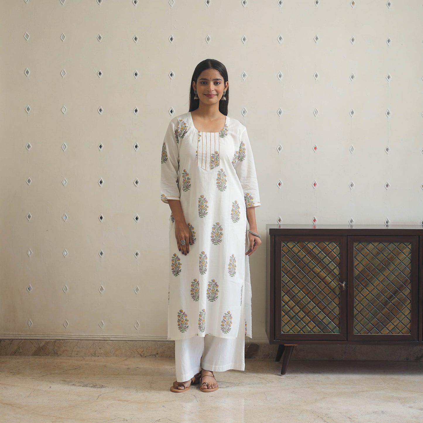 White Block Print Cotton Straight Sanganeri Kurta for Women