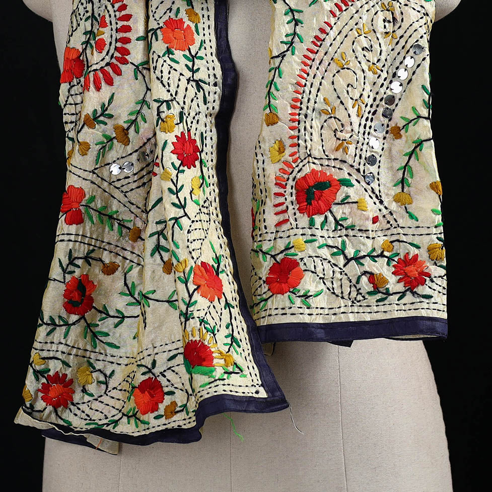 Beige - Ranihati Chanderi Silk Hand Embroidered Stole 101