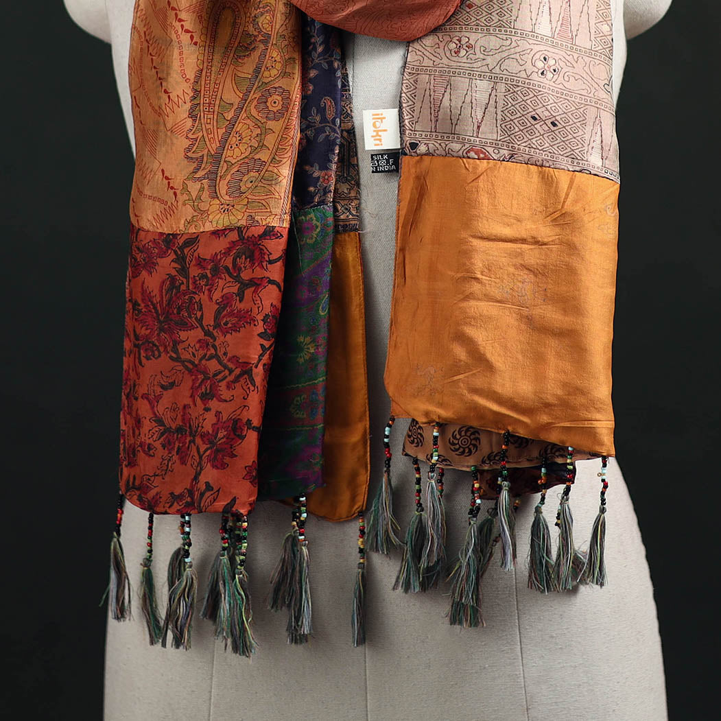 Pure Silk Reversible Patchwork Stole with Tassels 20