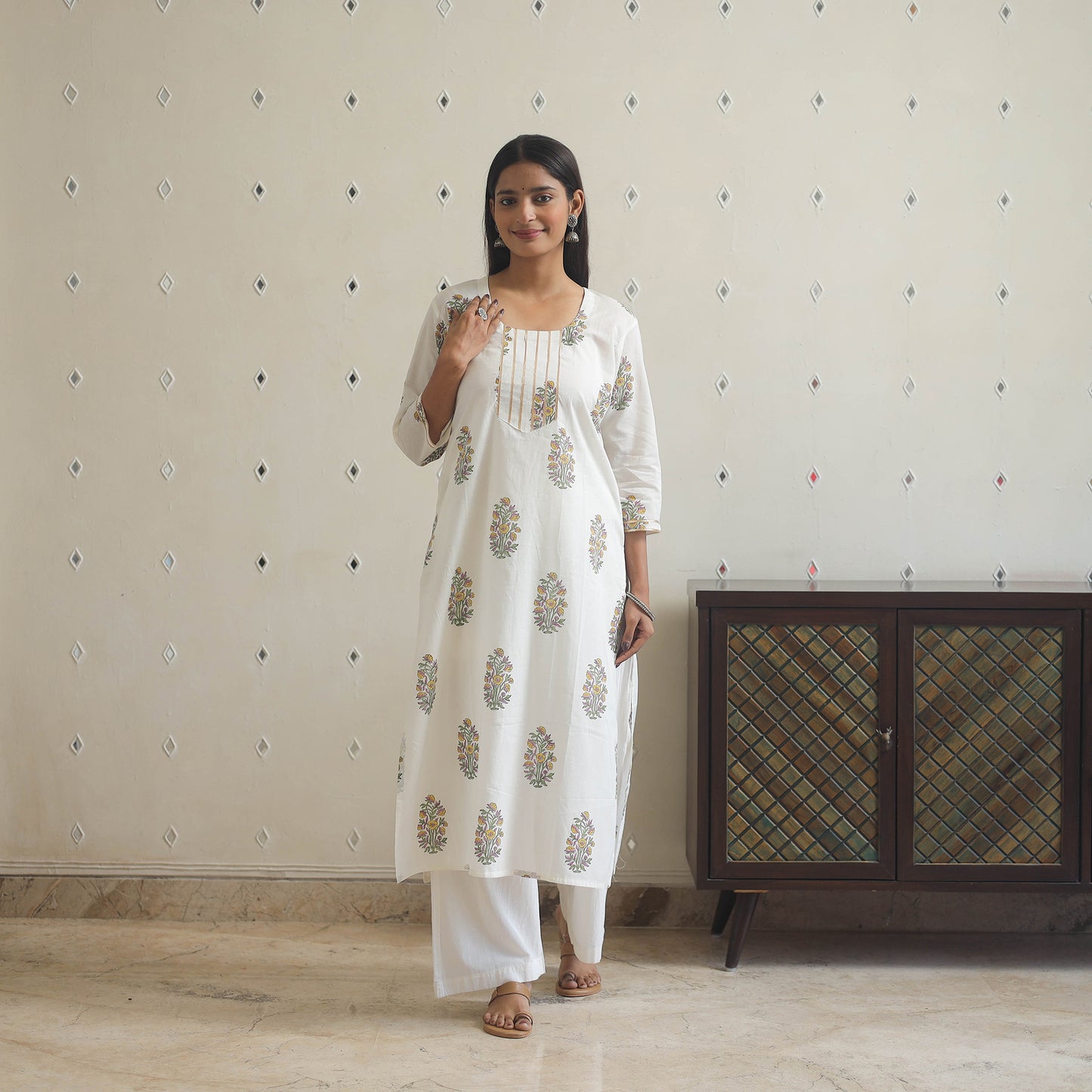 White Block Print Cotton Straight Sanganeri Kurta for Women