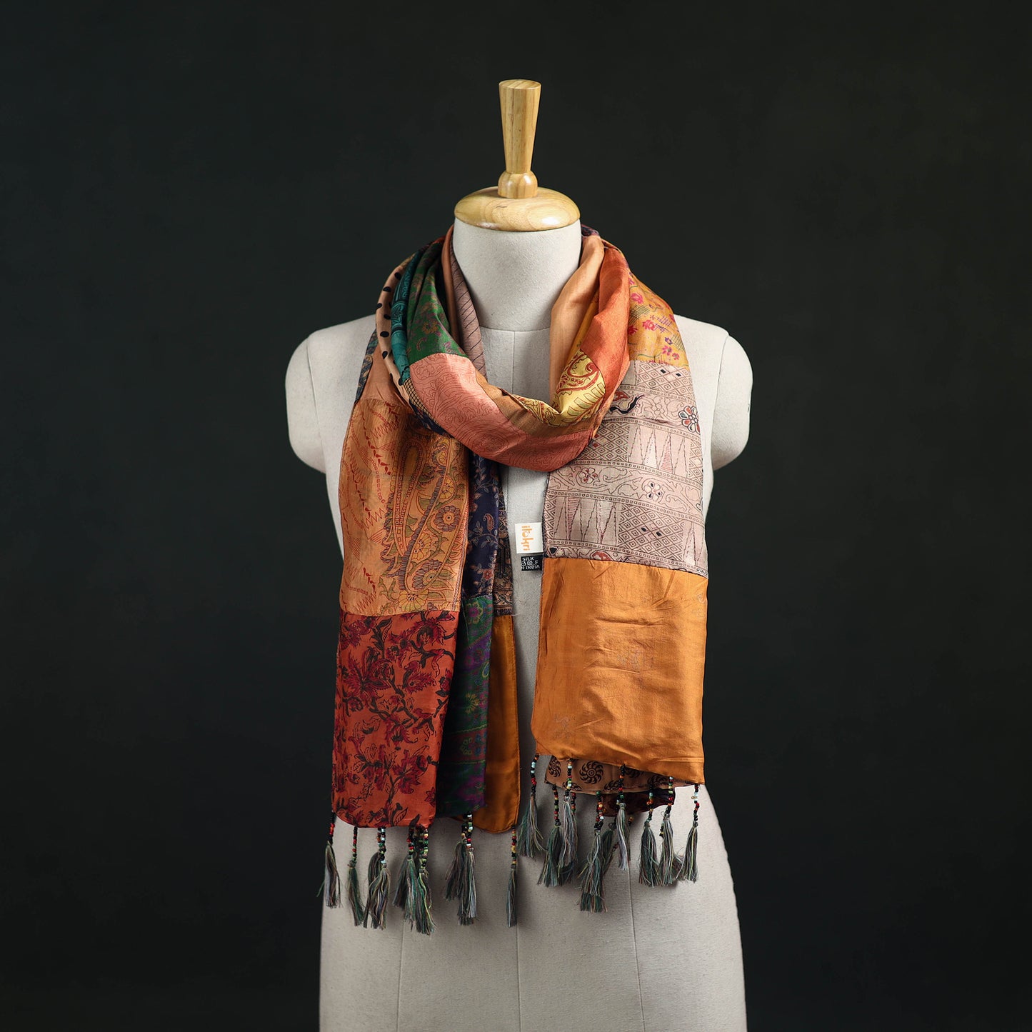 Pure Silk Reversible Patchwork Stole with Tassels 20
