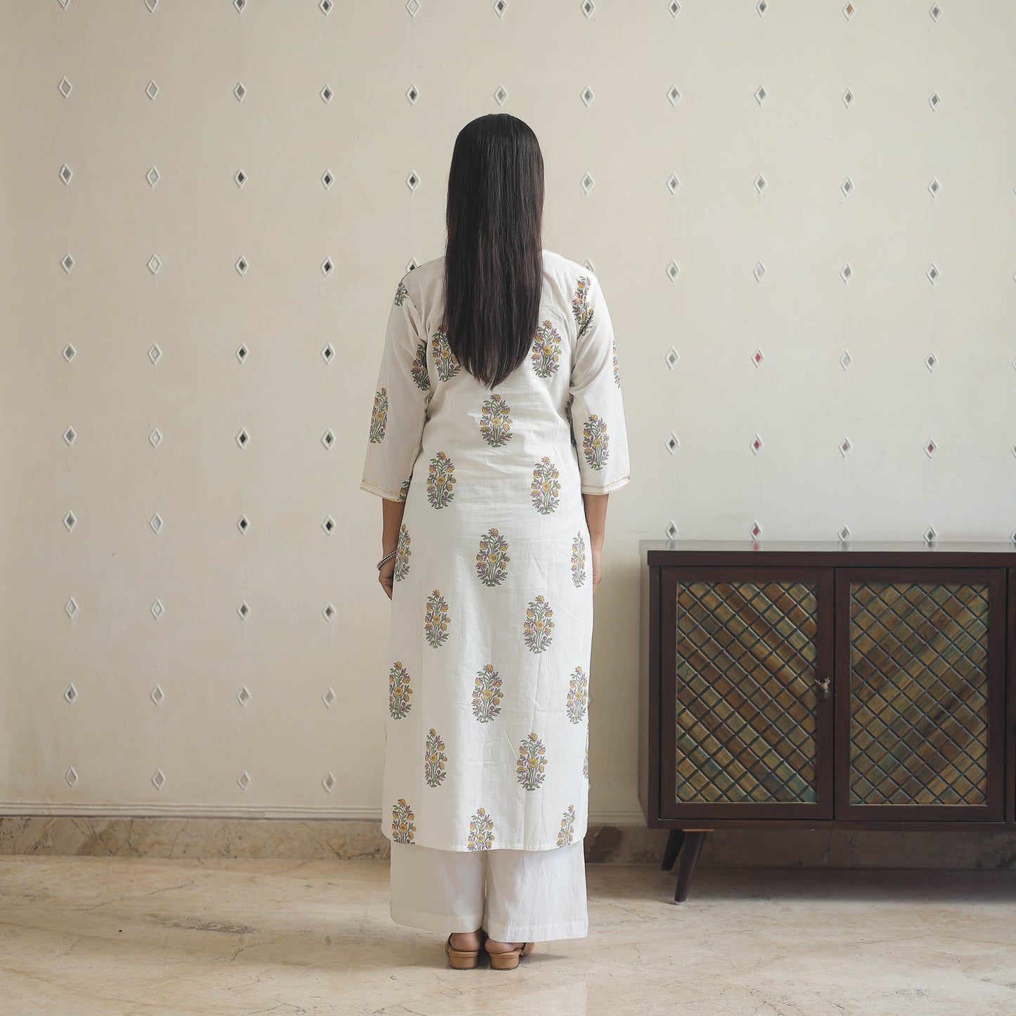 White Block Print Cotton Straight Sanganeri Kurta for Women