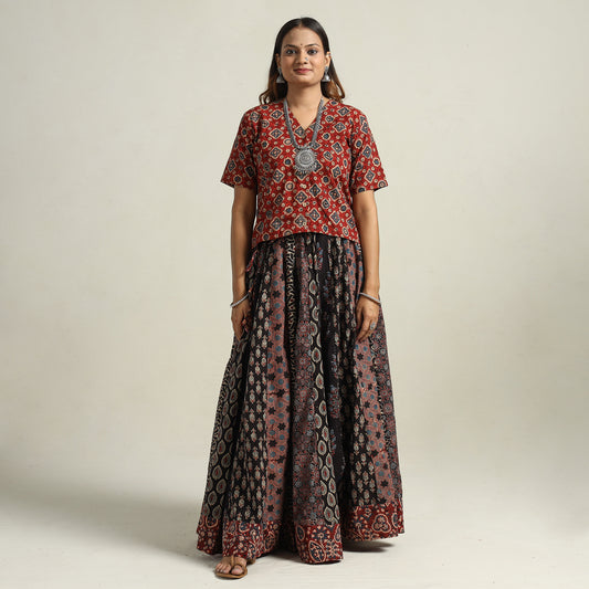 Black - Ajrakh Block Printed 24 Kali Patchwork Cotton Long Skirt 28