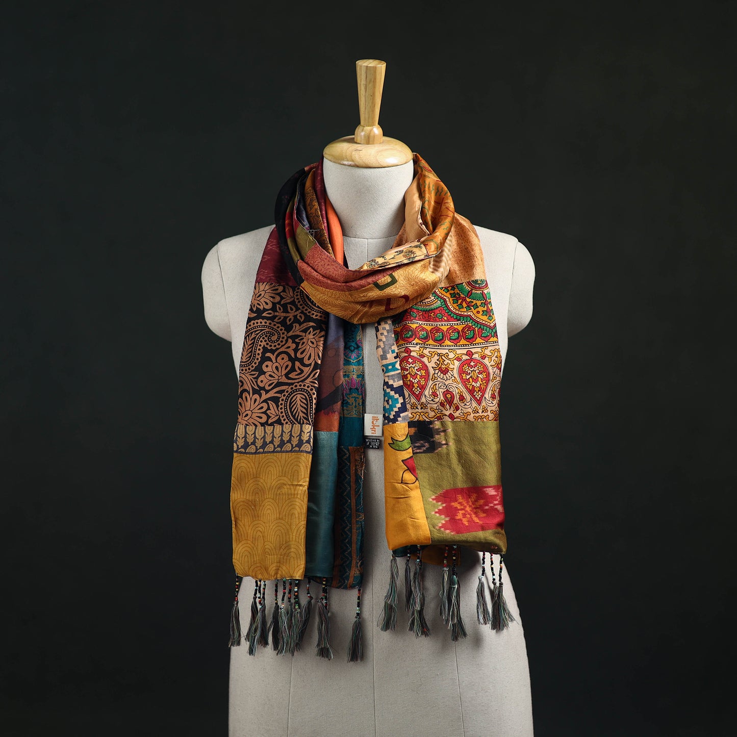 Pure Silk Reversible Patchwork Stole with Tassels 22