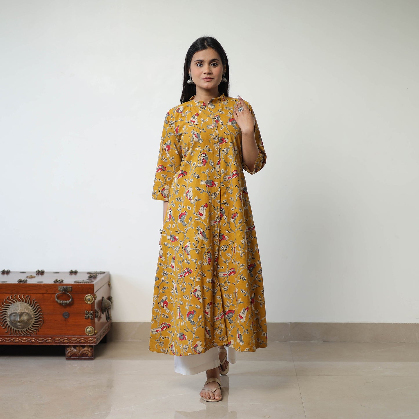 Yellow - Printed Cotton A-Line Kalamkari Kurta 13
