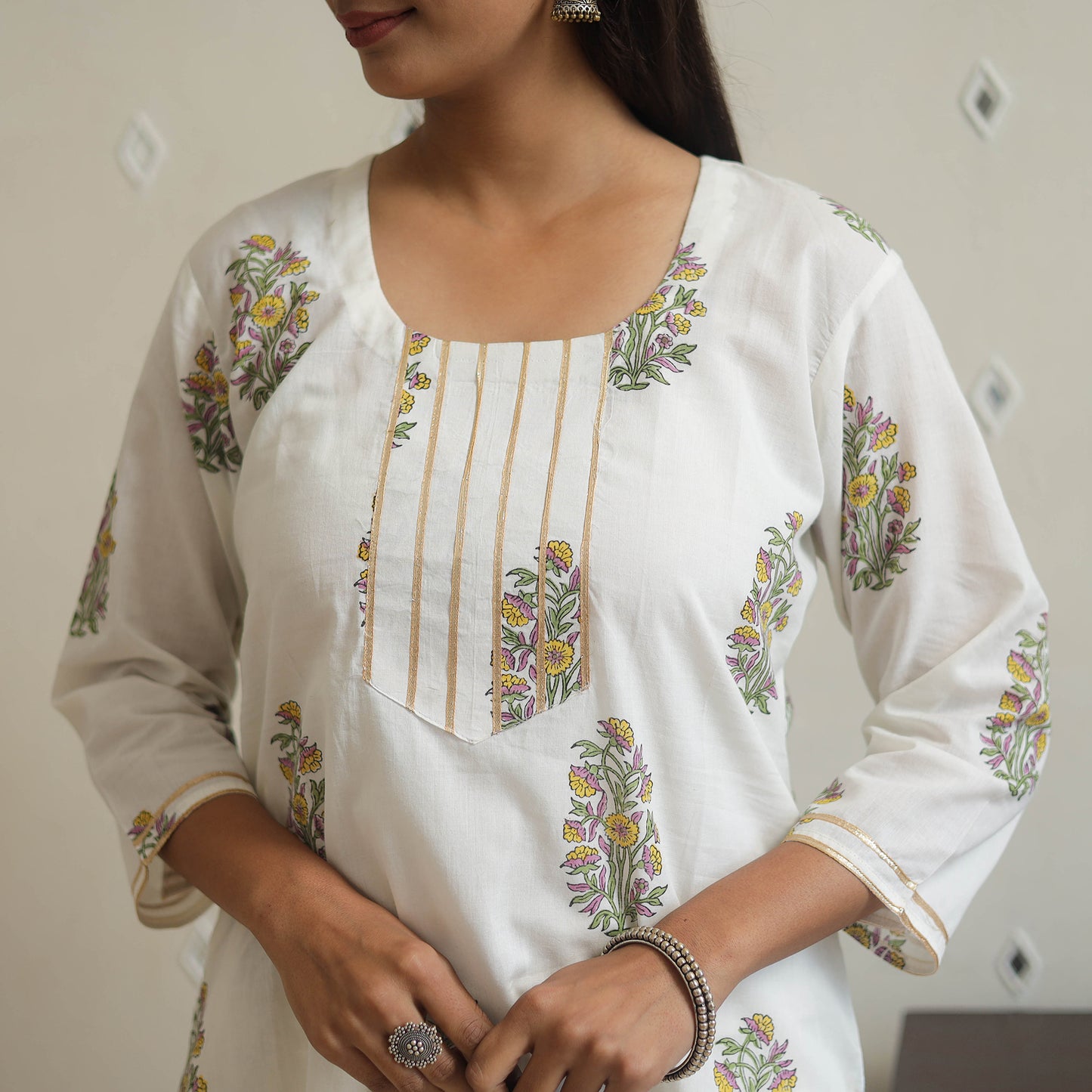White Block Print Cotton Straight Sanganeri Kurta for Women