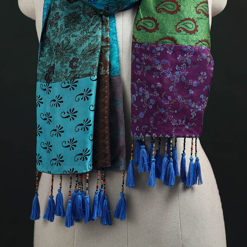 Pure Silk Reversible Patchwork Stole with Tassels 24