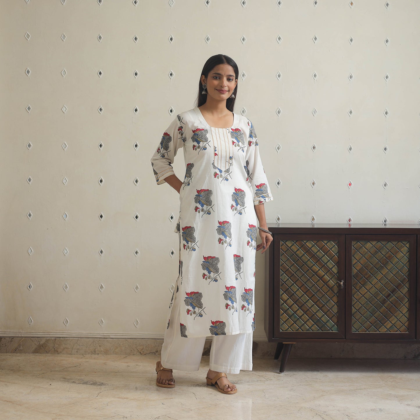 White Block Print Cotton Straight Sanganeri Kurta for Women