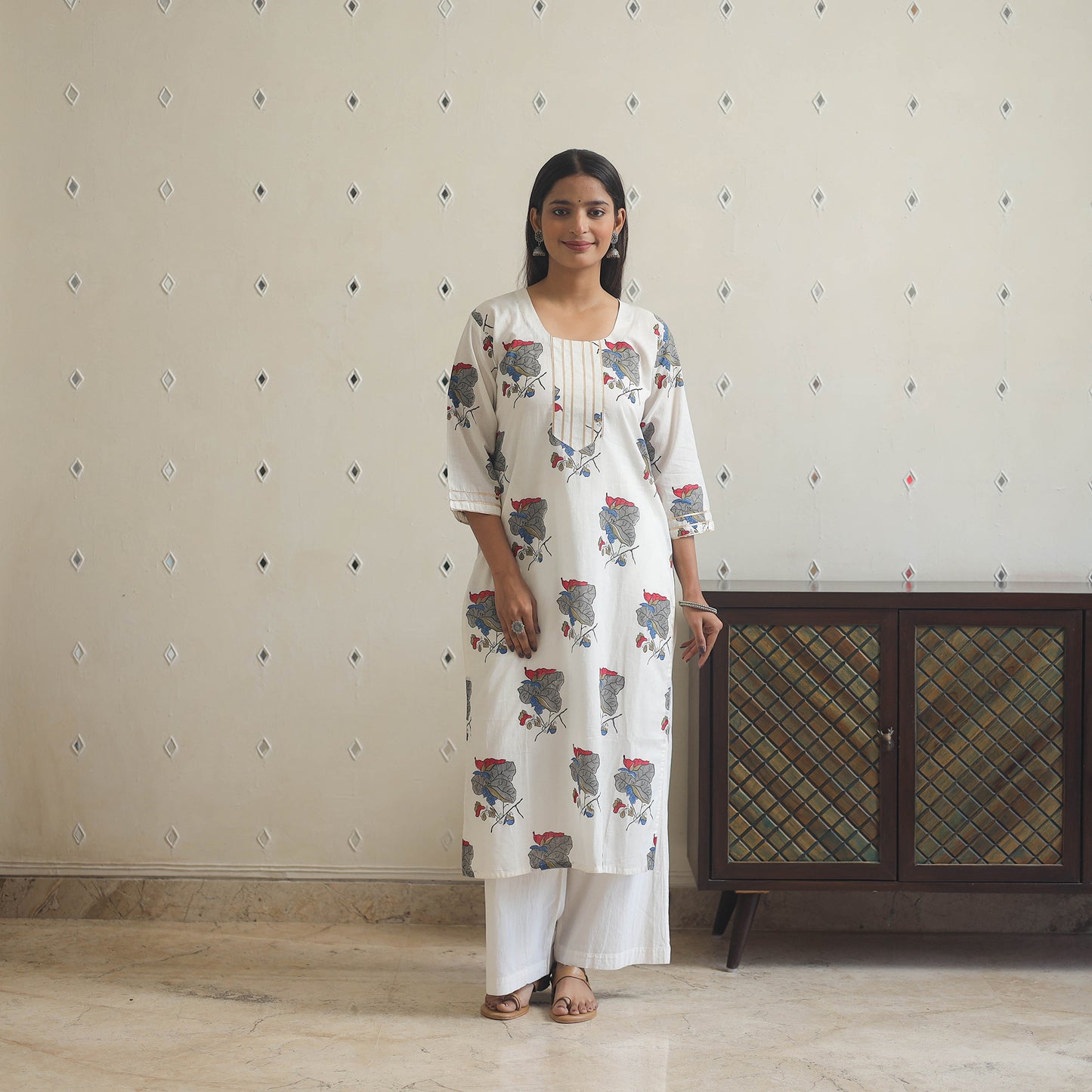White Block Print Cotton Straight Sanganeri Kurta for Women