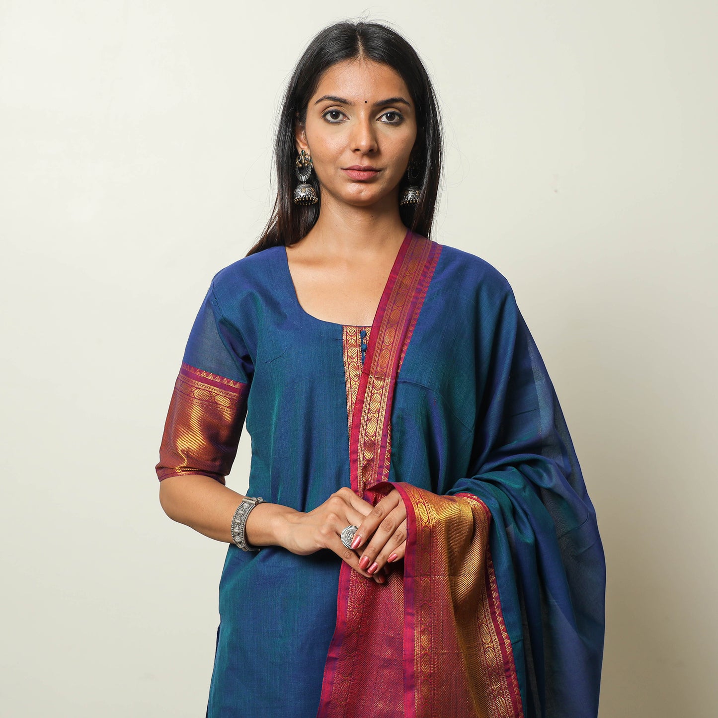 Blue - Dharwad Cotton Kurta with Palazzo & Dupatta Set 12