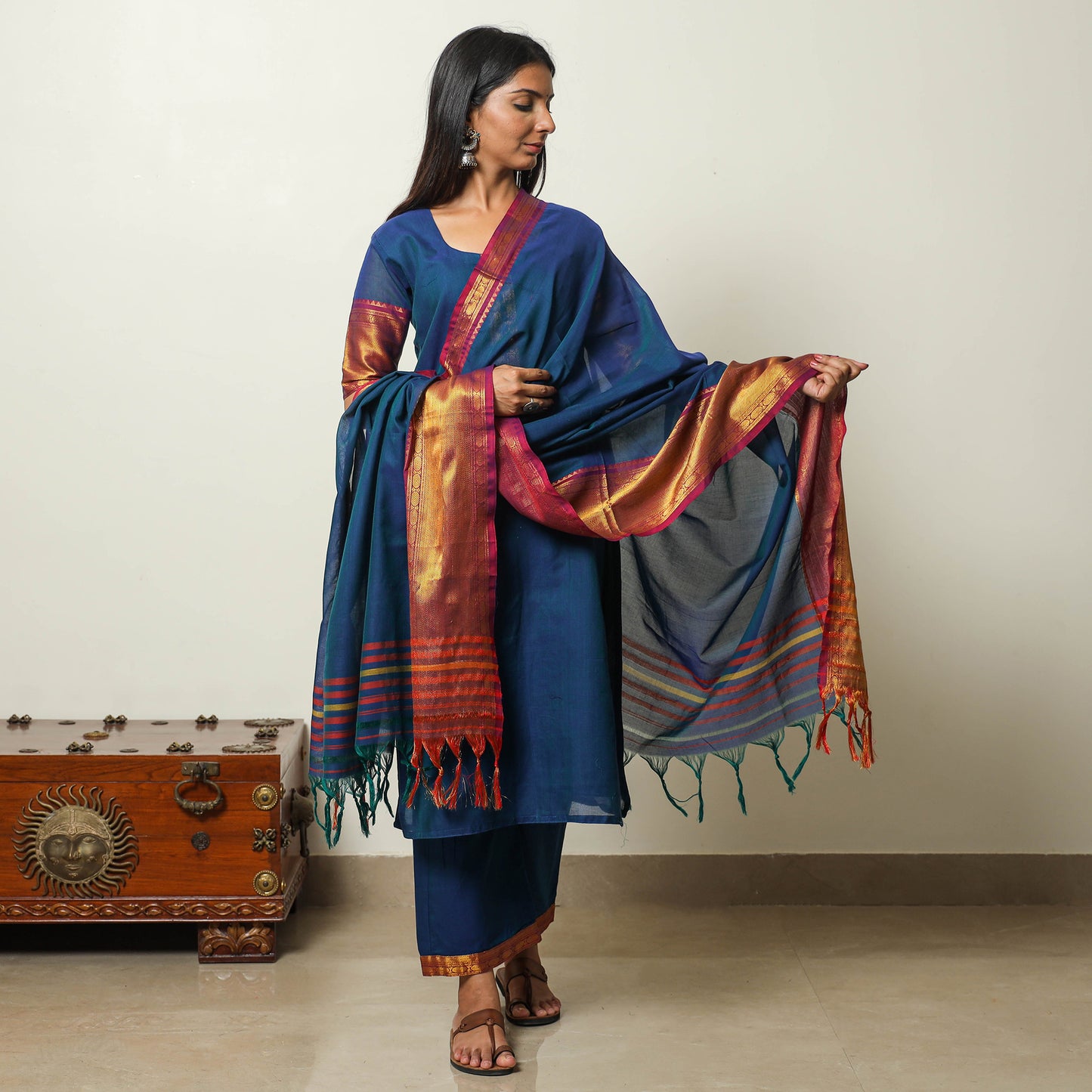 Blue - Dharwad Cotton Kurta with Palazzo & Dupatta Set 12