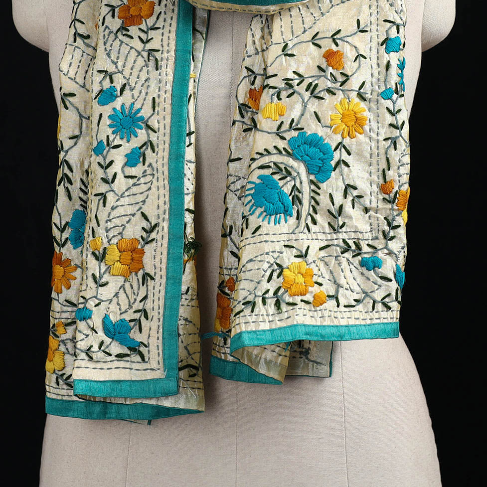 Beige - Ranihati Chanderi Silk Hand Embroidered Stole 108