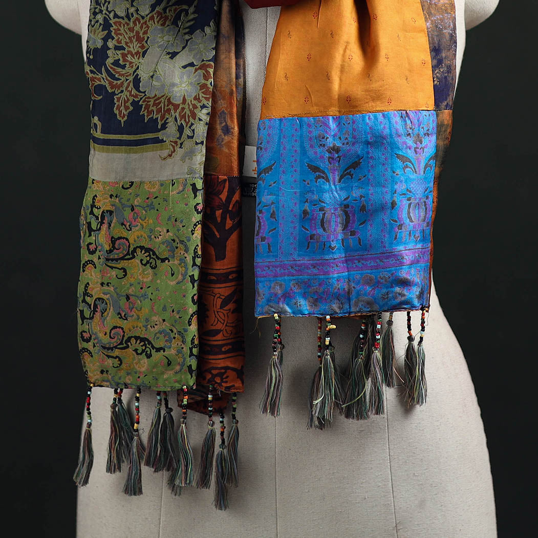 Pure Silk Reversible Patchwork Stole with Tassels 27