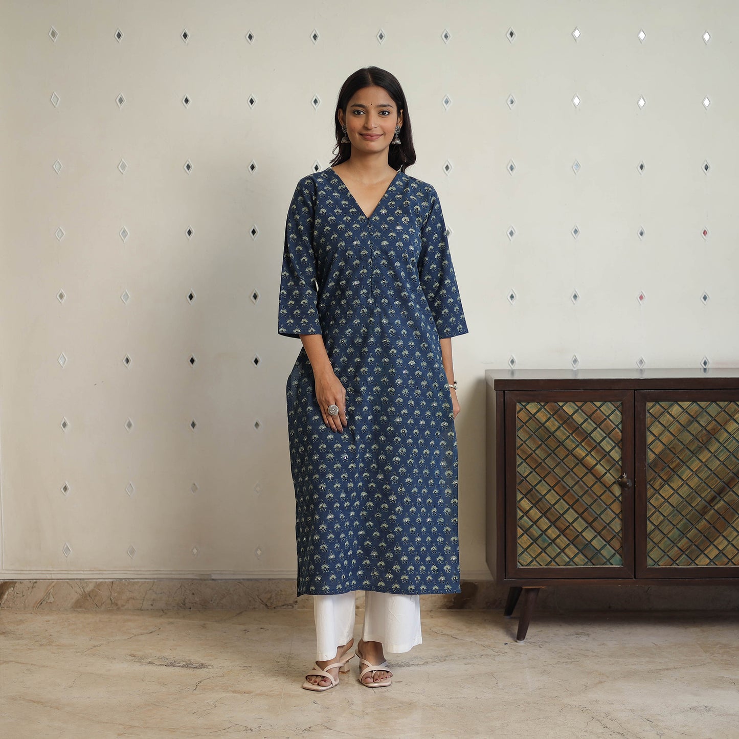 Blue - Sequins Cotton Straight Ajrakh Print Kurta 01