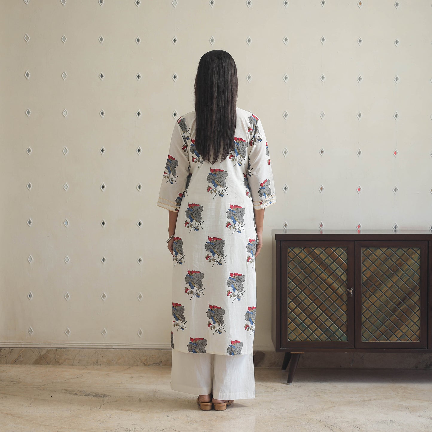 White Block Print Cotton Straight Sanganeri Kurta for Women