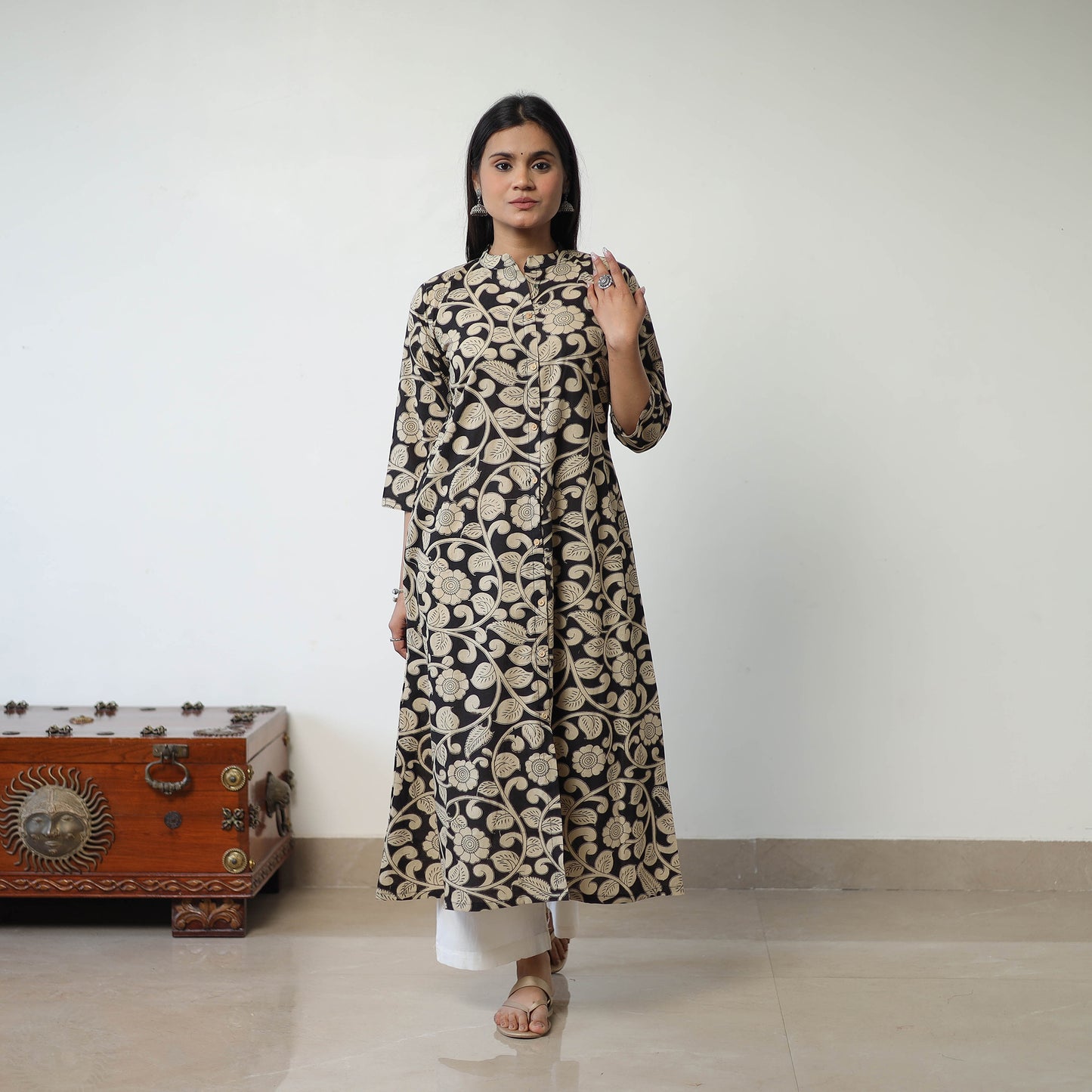 Beige - Printed Cotton A-Line Kalamkari Kurta 14