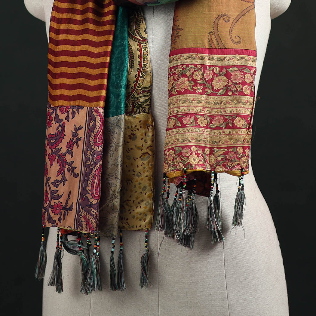 Pure Silk Reversible Patchwork Stole with Tassels 29
