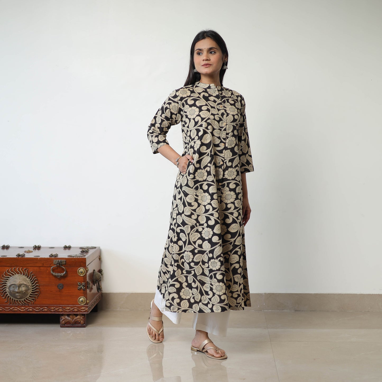 Beige - Printed Cotton A-Line Kalamkari Kurta 14