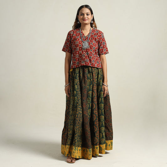 Green - Ajrakh Block Printed 24 Kali Patchwork Cotton Long Skirt 29