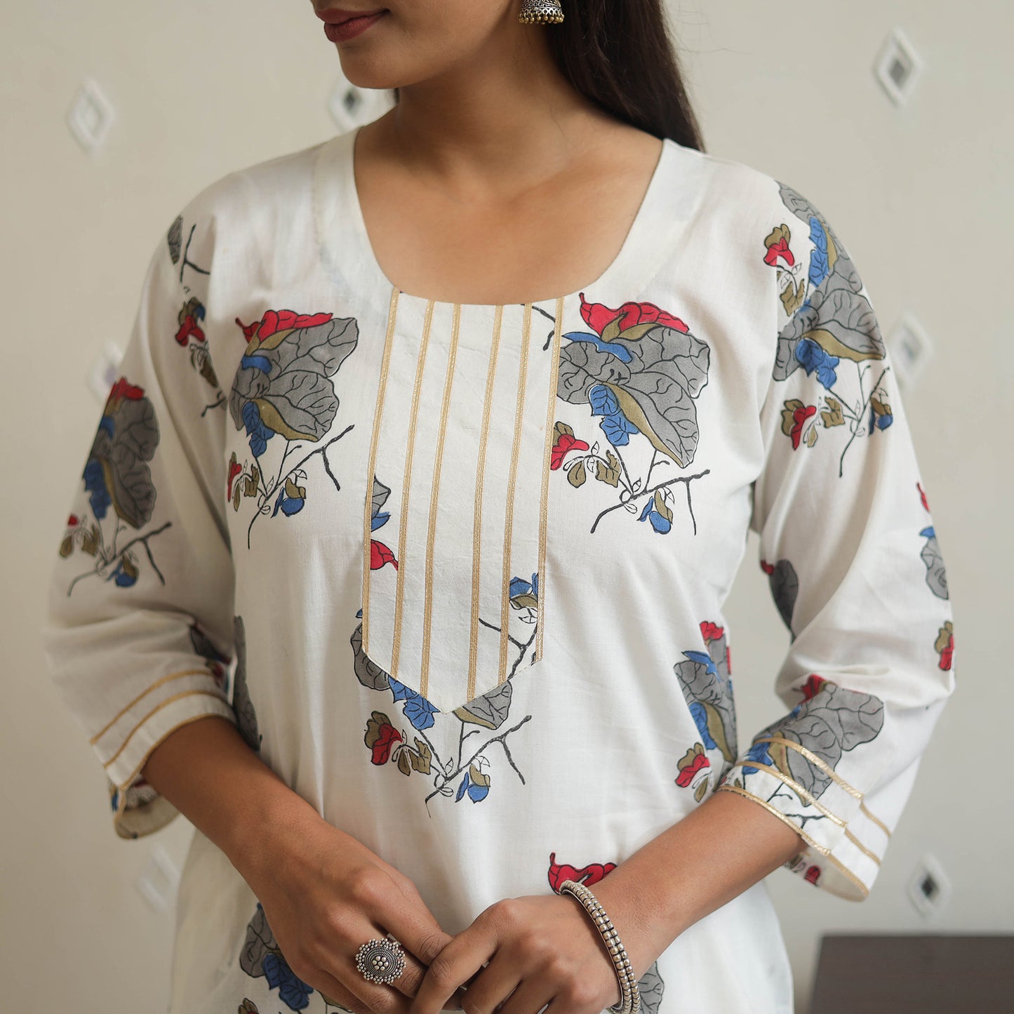 White Block Print Cotton Straight Sanganeri Kurta for Women