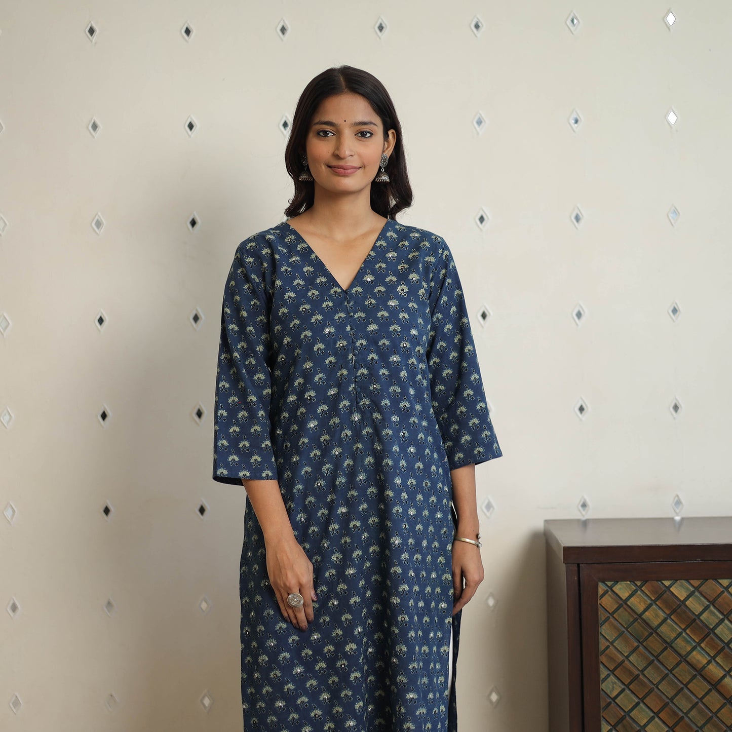 Blue - Sequins Cotton Straight Ajrakh Print Kurta 01