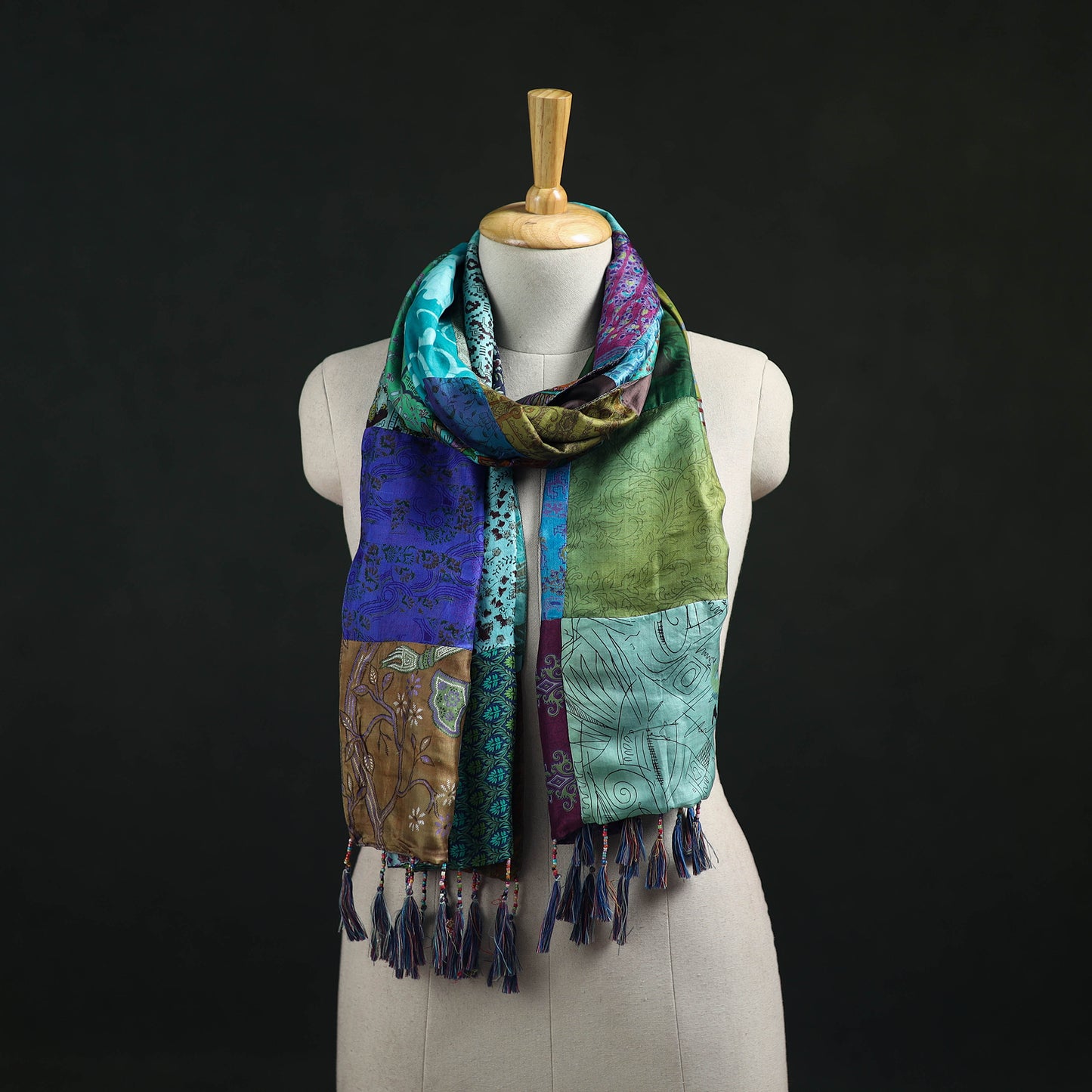 Pure Silk Reversible Patchwork Stole with Tassels 33