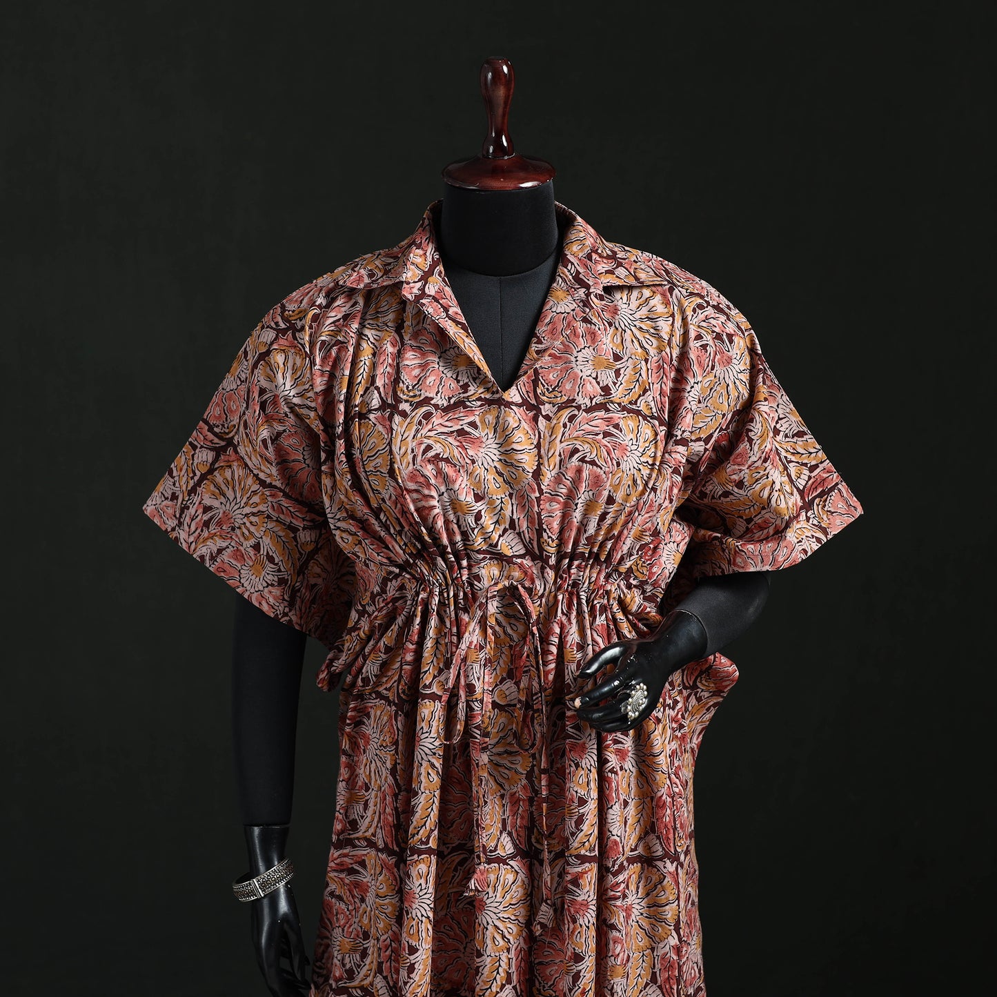 Maroon - Kalamkari Hand Block Print Natural Dyed Cotton Kaftan (Long) 08